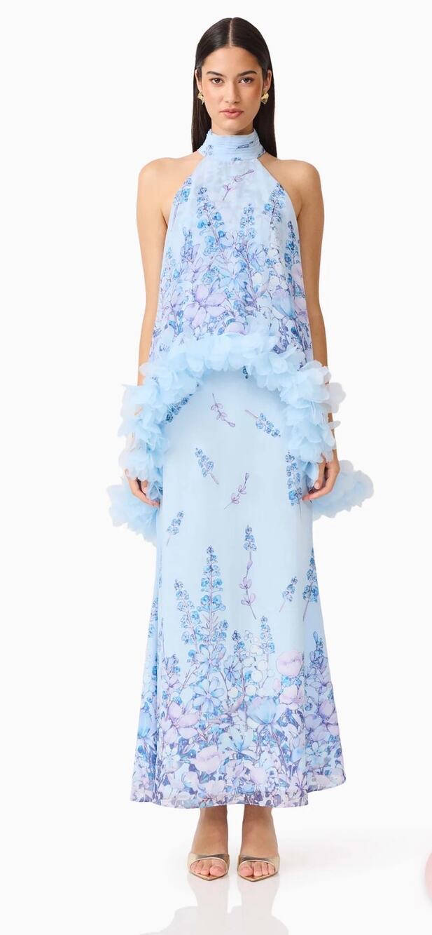 Elliatt Tulsia 3D Floral Cape Light Blue Maxi Dress Size Medium NWT